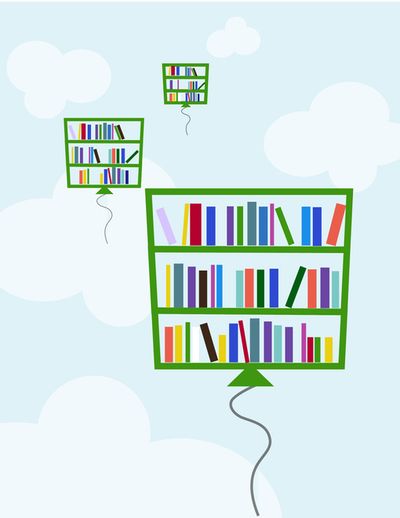 Illustration book balloons floating against a cloudy sky.