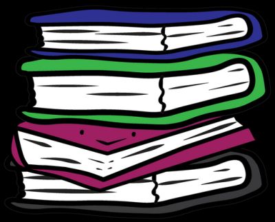 Illustrated stack of colorful books with a friendly smiling face.